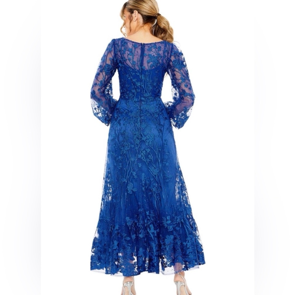 New Mac Duggal 20512 V Neck Mech Puff Sleeve A Line Embellished Dress Blue Sz 8 - Picture 2 of 9